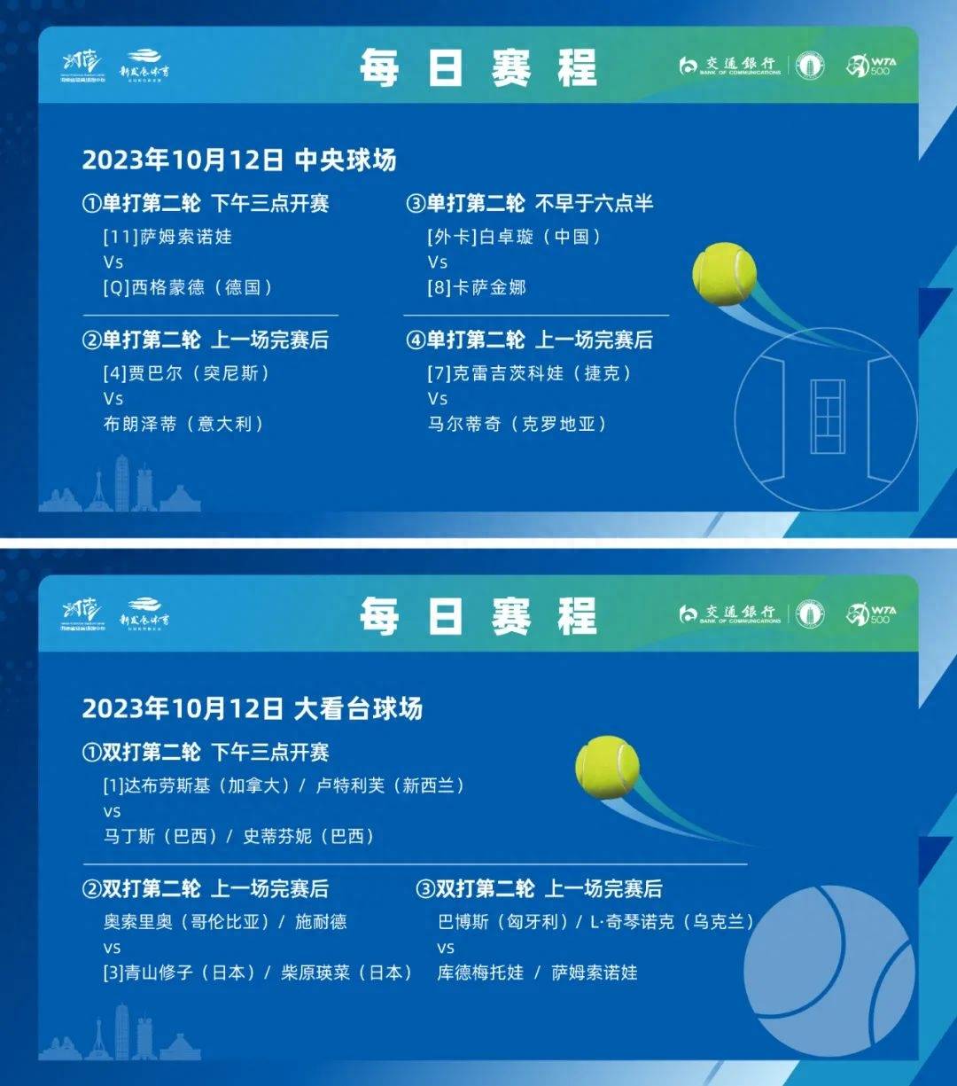 10月12日看点：白卓璇卡萨金娜争夺八强 法网冠军出战